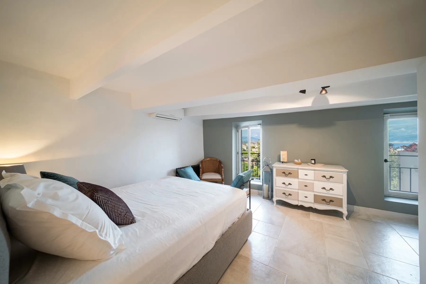 Air conditioned bedroom in soft neutral colours