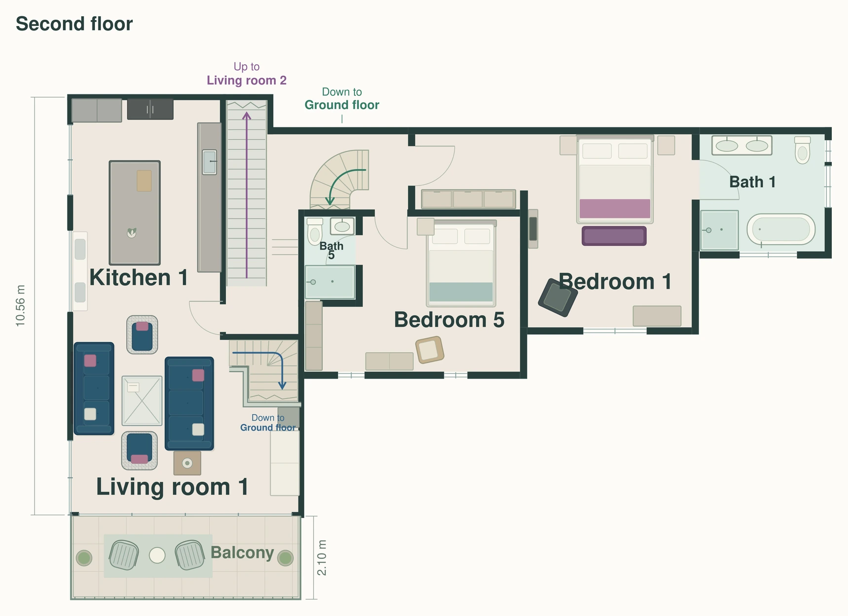 Floor plan showing Living room 1, Kitchen 1, Bedrooms 1 and 5 and their bathrooms