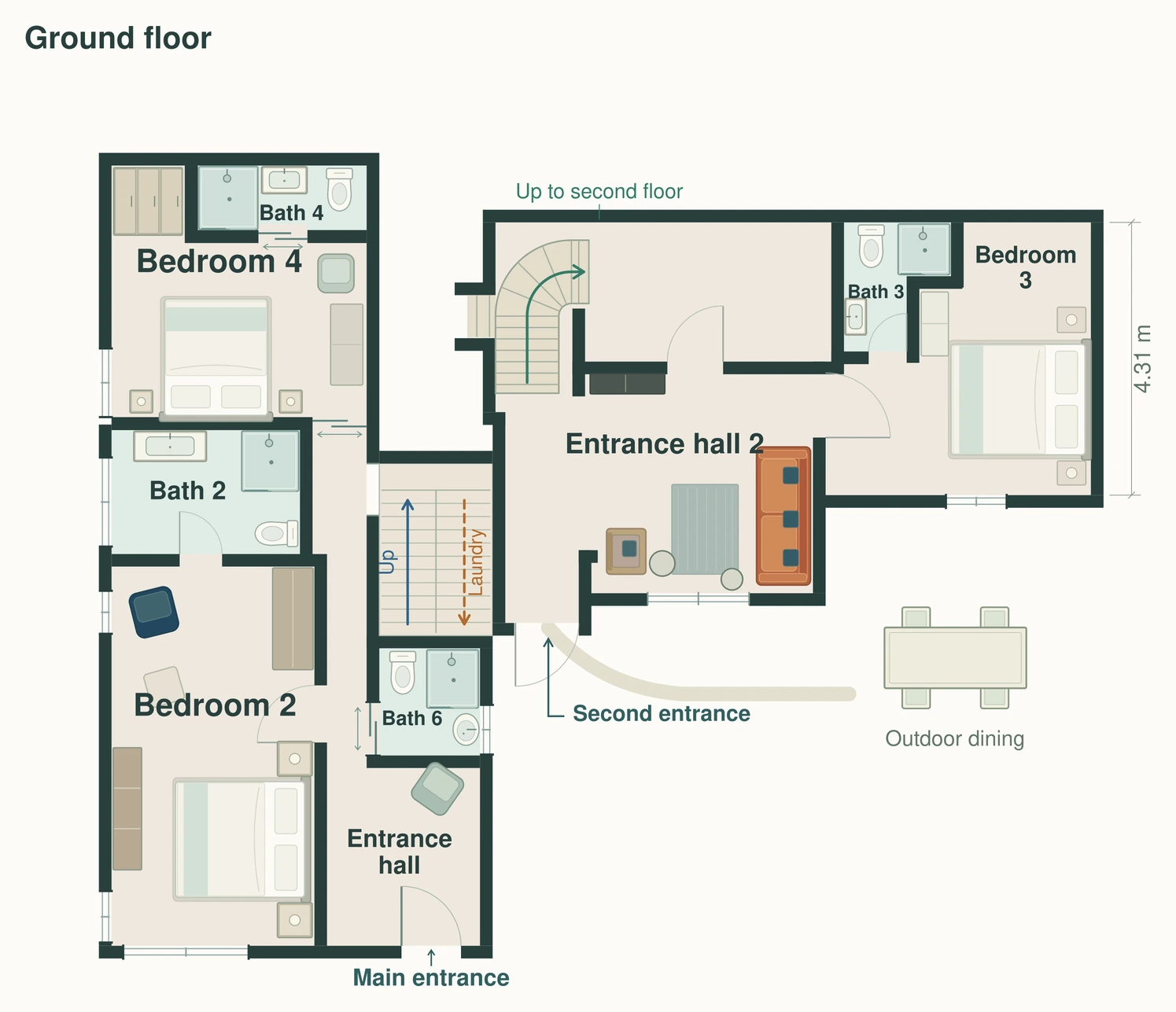 Floor plan showing the entrance level with Bedrooms 2, 3 and 4