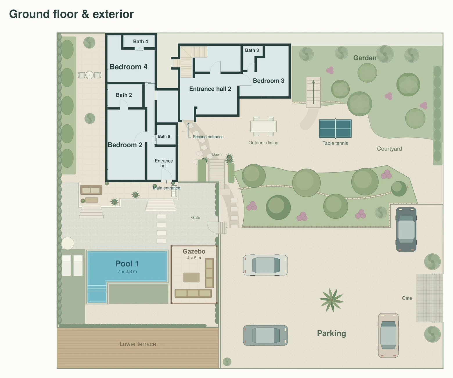 Site plan showing the garden, lower pool, gazebo and private parking