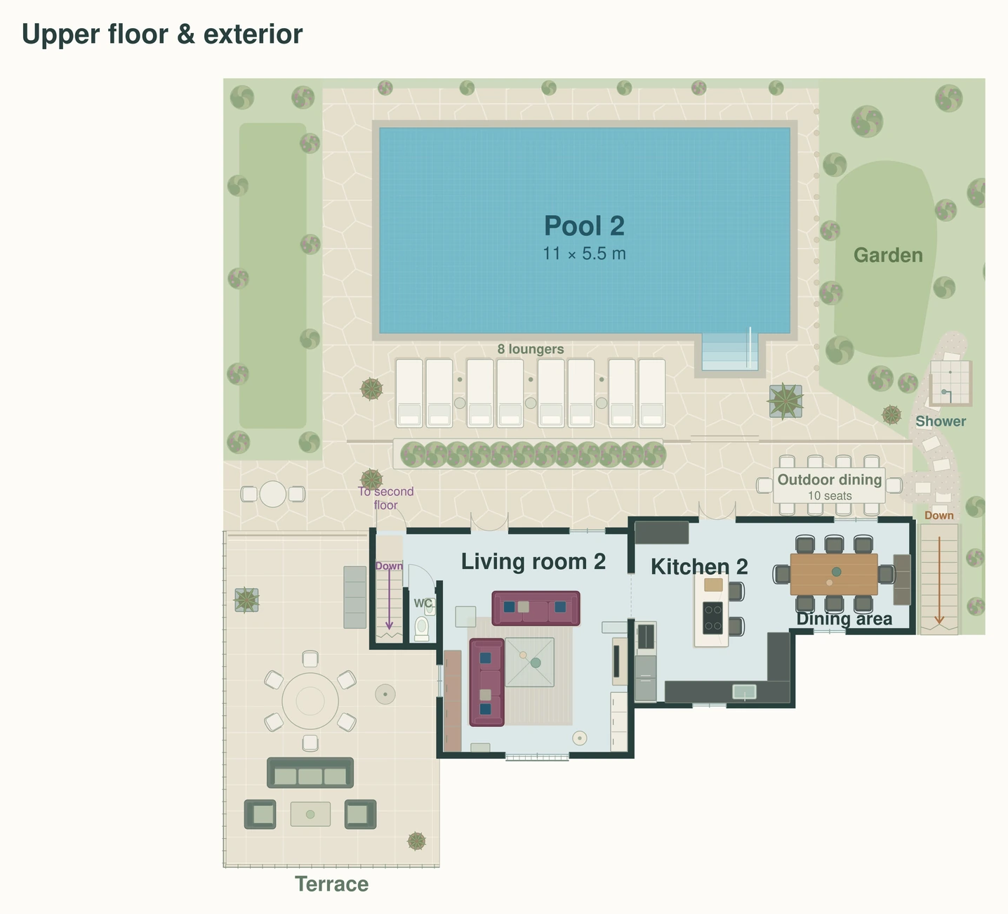Floor plan showing Living room 2, Kitchen 2, dining area and upper pool terrace
